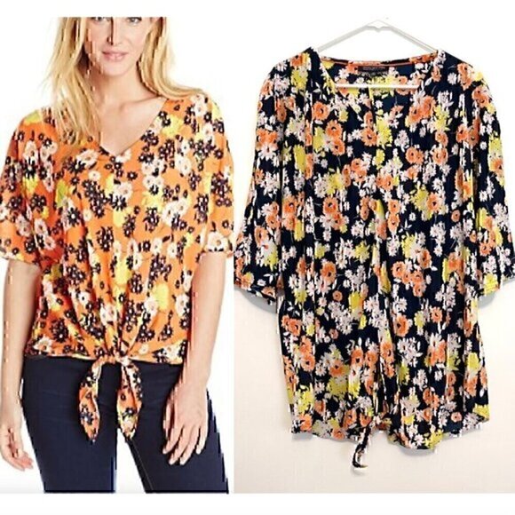 JONES NEW YORK Plus Size Tie Front V-Neck Blouse Navy Blue White Multi Floral 2X - Picture 1 of 13